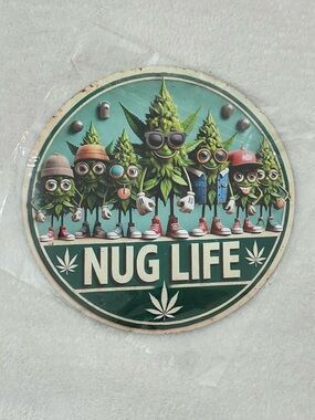 Nug Life - Funny 420 Mary Jane Funky Retro Tin Metal Wall Art Sign 8” Round